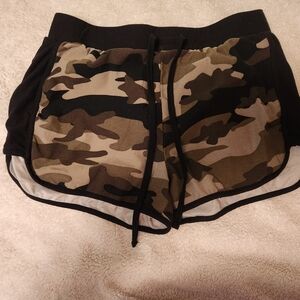 No Boundaries Green and Brown Athletic Shorts with Camouflage Design